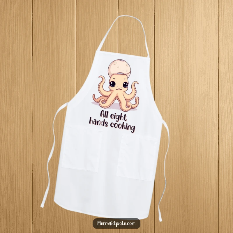 Funny octopus apron showing a culinary sea creature expertly balancing a tower of seashells, ready to whip up some delicious fun.