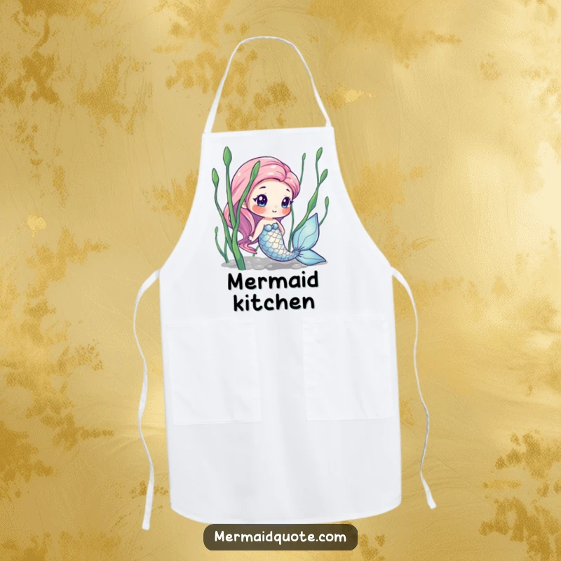 Funny apron with a curious mermaid peeking from seaweed, designed for kitchen fun and protecting clothes with magical charm.