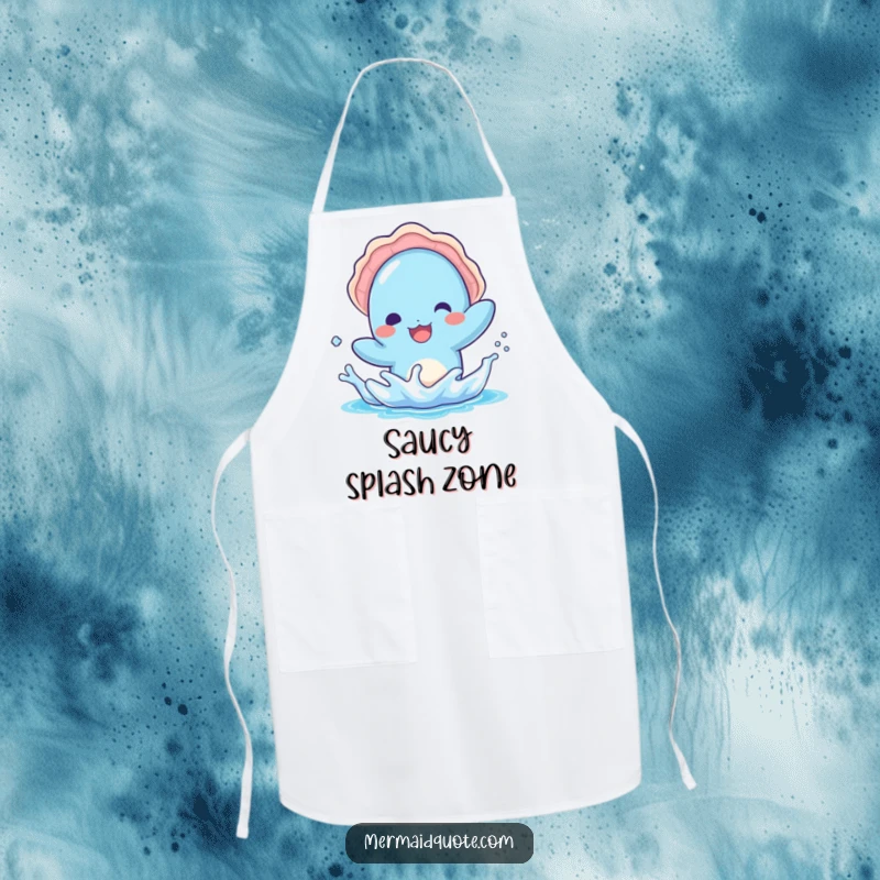 Funny apron with a kawaii blue creature wearing a seashell hat, splashing water playfully, ideal for fun cooking sessions.