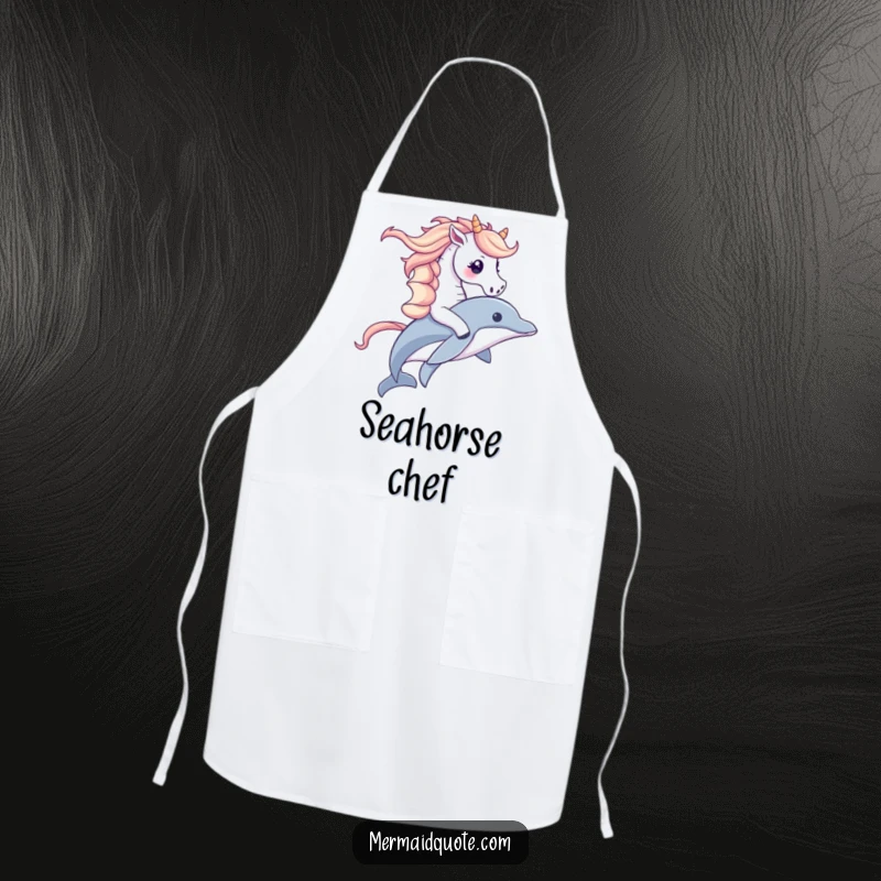 Funny apron featuring a cute seahorse riding a dolphin, designed for kitchen fun and protecting clothes with aquatic charm.
