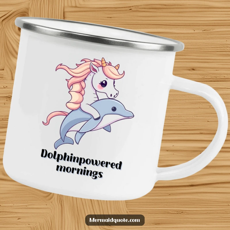 Funny and durable camping mug showcasing a cute seahorse riding a dolphin, perfect for enjoying drinks in the great outdoors with humor.