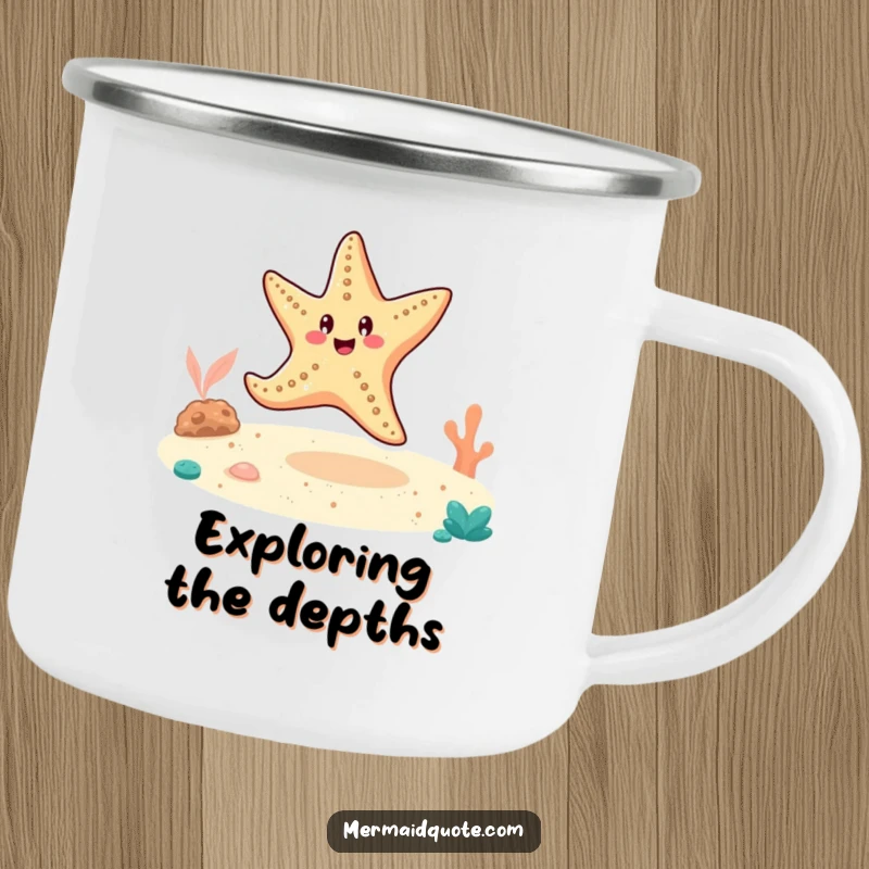 Funny cheerful starfish doing a cartwheel on the sandy ocean floor, on a durable camping mug.