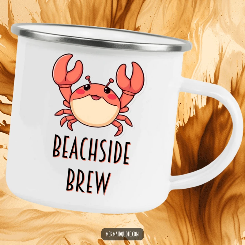 Funny and durable camping mug with a little crab waving enthusiastically with oversized claws, perfect for outdoor enjoyment with beach humor.