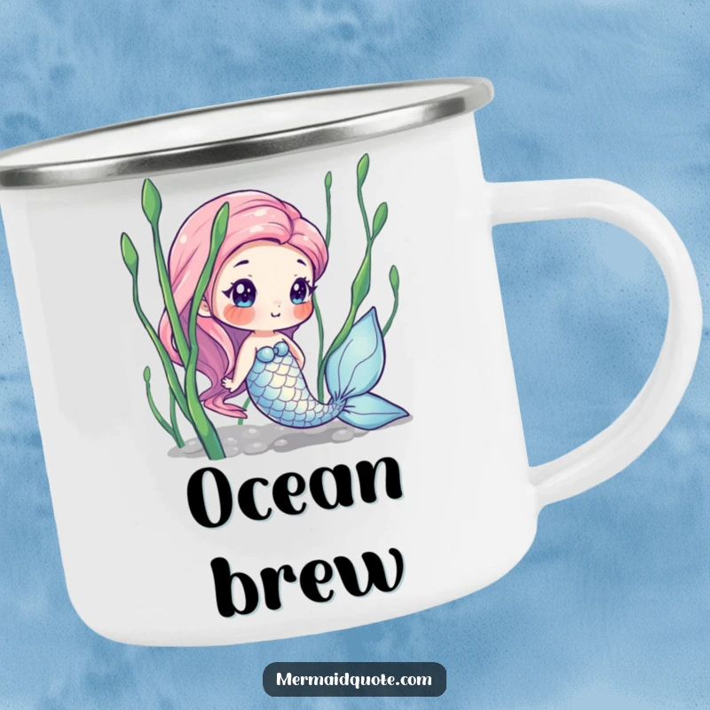Funny and durable camping mug with a curious mermaid peeking from seaweed, perfect for outdoor enjoyment with magical ocean humor.