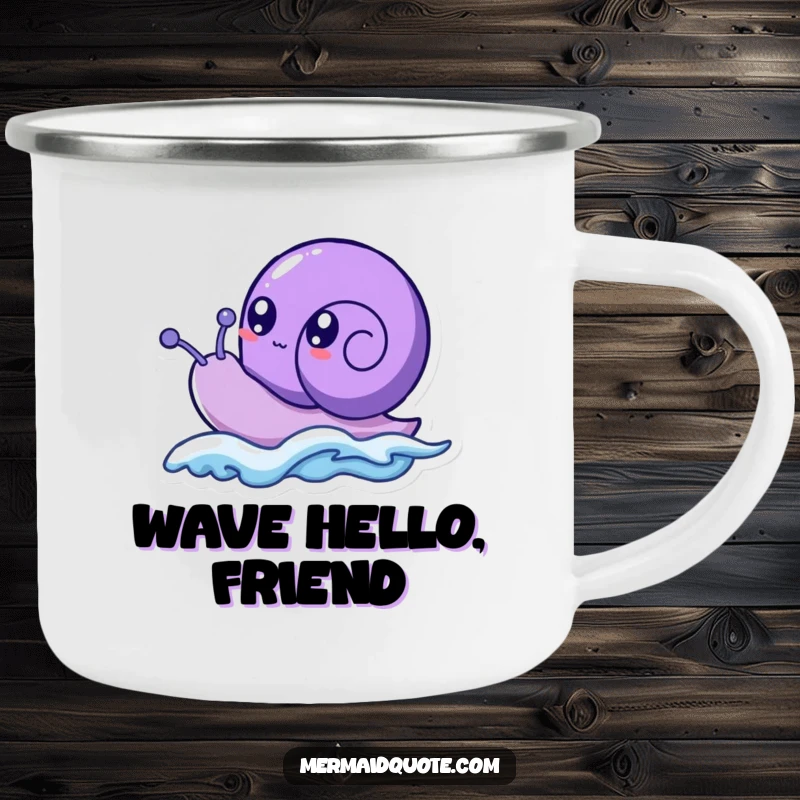 Funny purple sea snail creature with bubbly eyes, humorously surfing a small wave, on a durable camping mug for outdoor use.