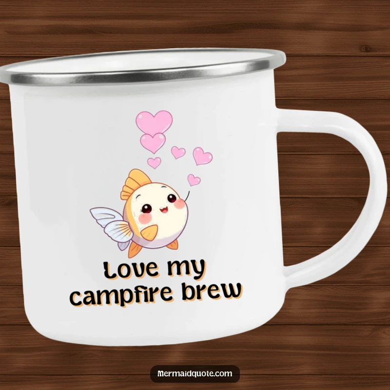 Funny tiny angelfish camping mug, blowing a string of heart-shaped bubbles, perfect for adding a touch of love to outdoor excursions.