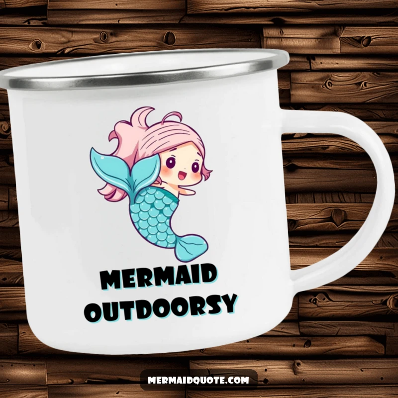 Funny mermaid tail camping mug showing a joyful character with shimmering scales in a swishing motion, perfect for drinks outdoors.