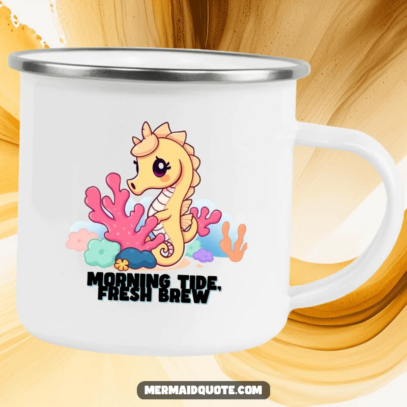 Funny seahorse camping mug with a curious seahorse peeking from behind coral, designed for outdoor use with a touch of ocean humor.