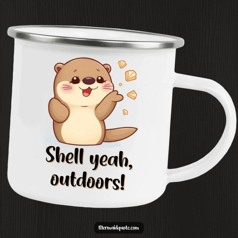 Funny sea otter camping mug showing a delighted otter juggling shiny seashells, perfect for enjoying drinks outdoors with a smile.