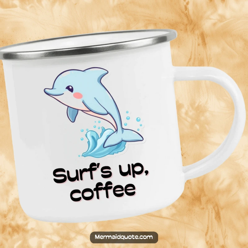 Funny and durable camping mug with a playful dolphin leaping through waves, perfect for outdoor enjoyment with sea-themed humor.