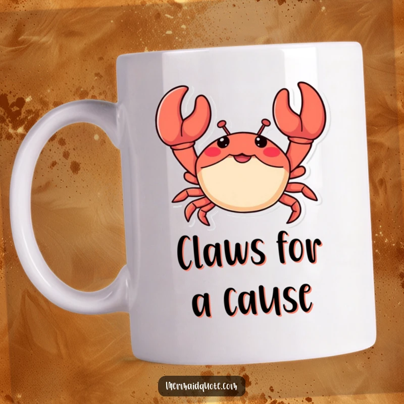 Funny mug featuring a little crab with comically large claws waving enthusiastically, conveying a friendly and energetic greeting.