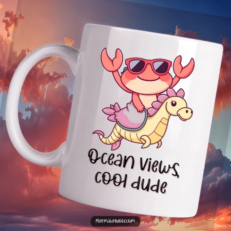 Funny Crab Sunglasses Mug: Happy crab sporting tiny sunglasses joyfully rides a friendly seahorse, a hilarious ocean adventure.