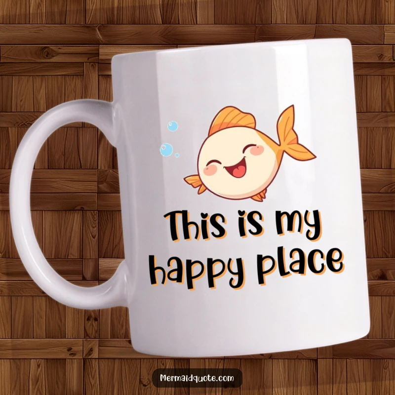 Funny mug illustration of a gleeful fish with a wide grin, leaving a trail of bubbles as it swims in a perpetual, comical loop.