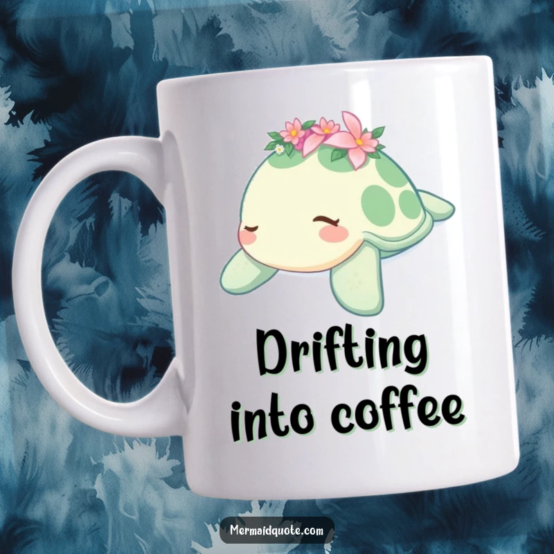 Funny mug of a sleepy sea turtle wearing a small flower crown, gently drifting in the water, conveying peace and relaxation.