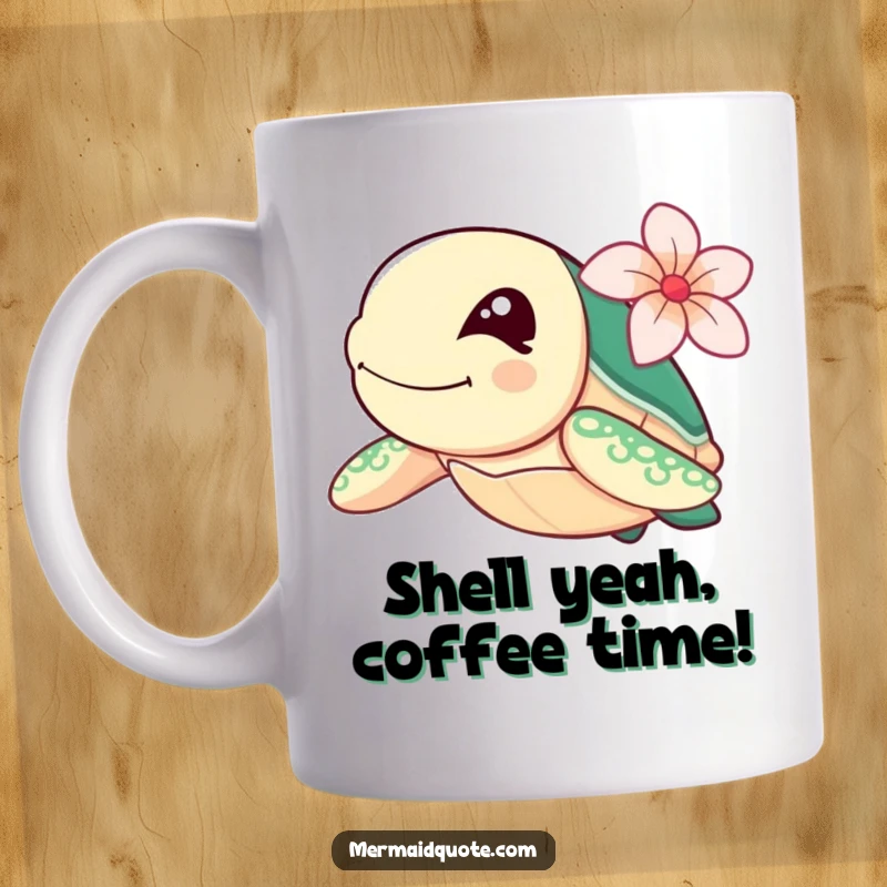 Funny sea turtle with a flower behind its ear, winking playfully while swimming fast, on a ceramic mug.