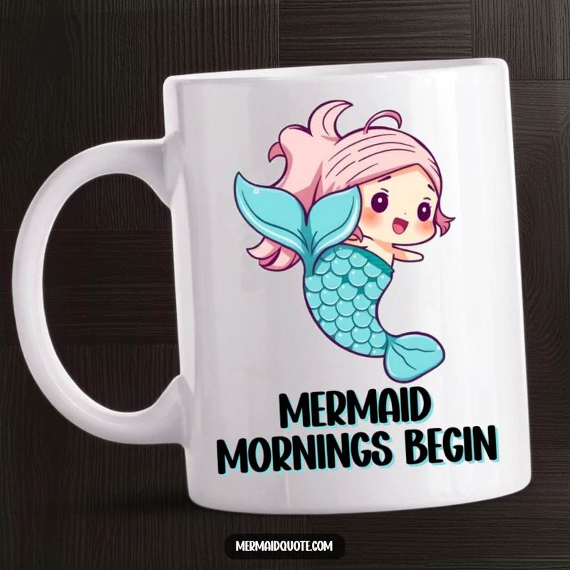 Funny mermaid tail mug showcasing a joyful character with shimmering scales in a dynamic swishing motion, ready to inspire.