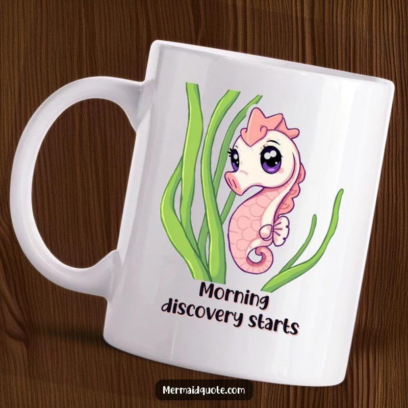 Funny Mug of a curious seahorse with wide, sparkling eyes, peeking playfully from seaweed, embodying oceanic wonder.