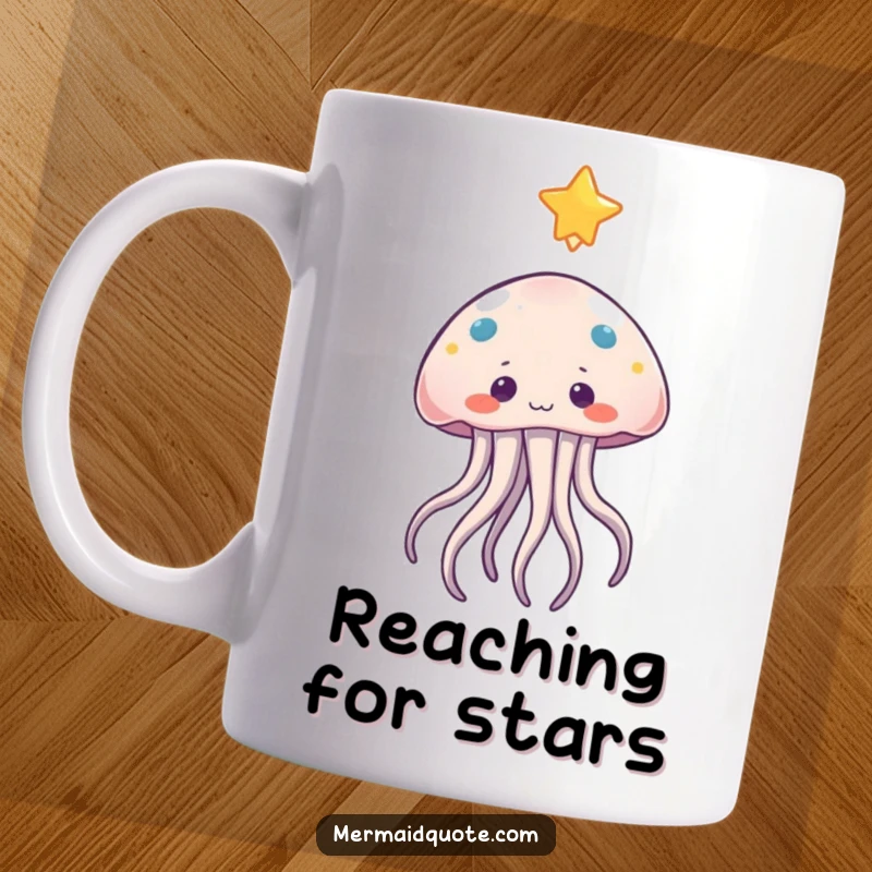 Funny jellyfish mug showing a curious character with gentle tentacles reaching towards a floating, twinkling star with wonder.