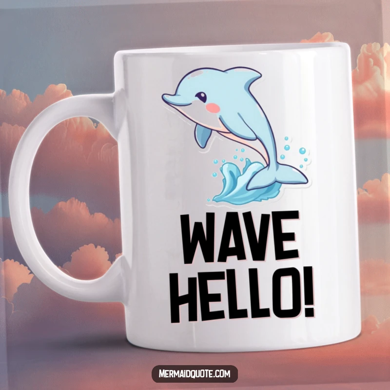 Funny mug featuring a playful dolphin with a whimsical tail fin leaping joyfully through ocean waves, capturing dynamic sea action.