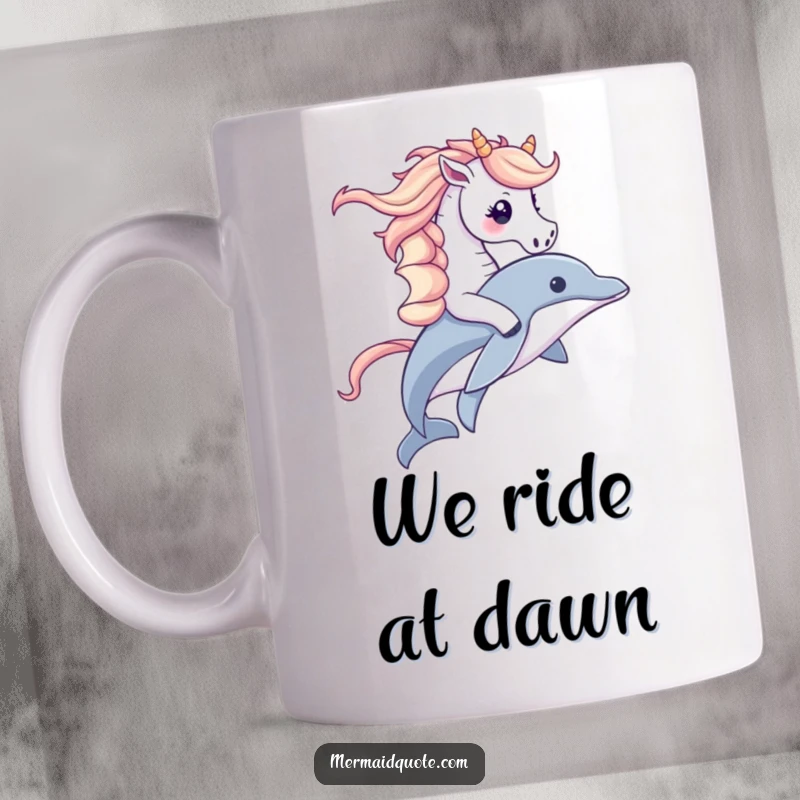 Funny seahorse with flowing mane joyfully riding a dolphin on a mug, conveying pure aquatic bliss and a sense of fun.