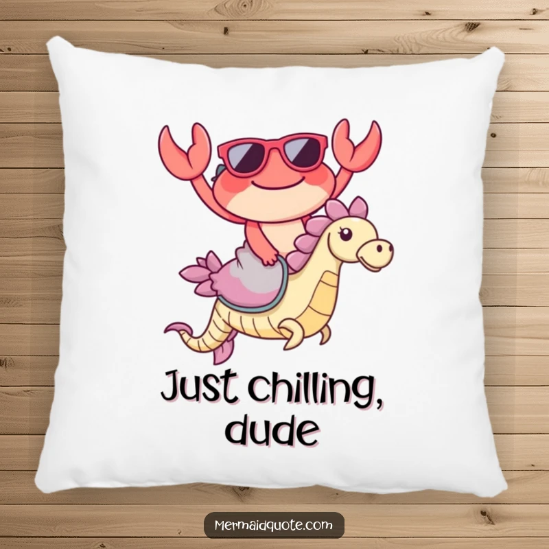Funny Crab Sunglasses Pillow: Soft pillow featuring a happy crab in sunglasses riding a seahorse, a comfortable and funny decoration.