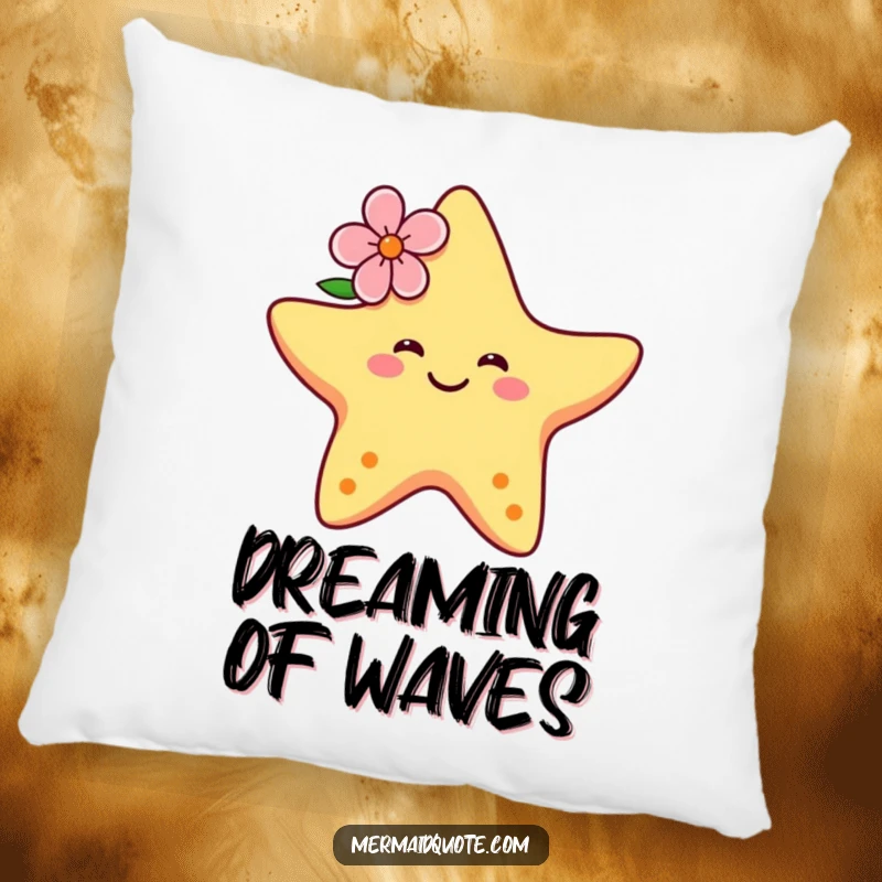 Funny throw pillow showcasing a smiling starfish with a flower, in a playful dance pose, bringing tropical joy and comfort.