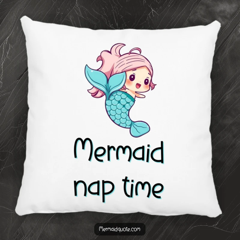 Funny mermaid tail pillow with a joyful character featuring shimmering scales in a swishing motion, offering soft and magical decor.
