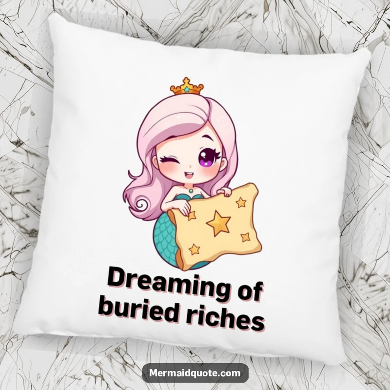 Funny pillow displaying a winking mermaid holding a treasure map marked with a star, providing comfort and a hint of adventure.