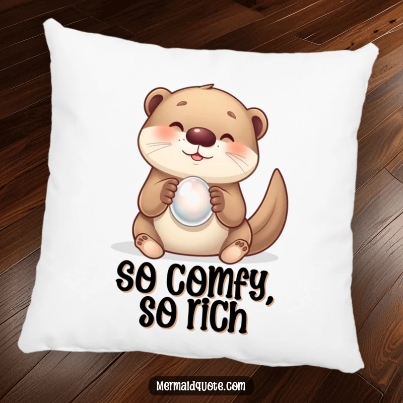 Funny decorative pillow showing a curious otter creature happily holding a glowing pearl. A delightful and soft accent.