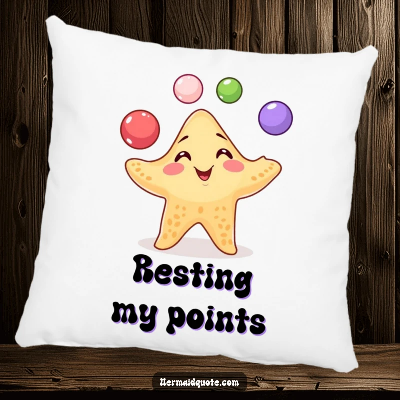 Funny Starfish Juggling Pillow: Soft pillow featuring a starfish juggling pearls with a mischievous grin, a fun accent piece.