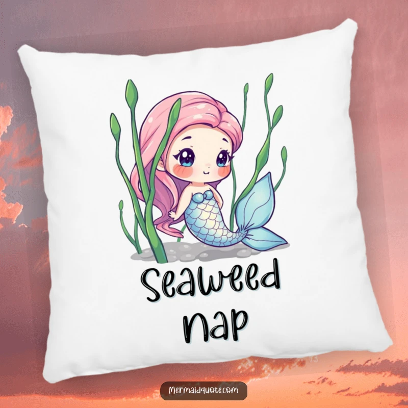 Funny plush pillow with a curious mermaid peeking from seaweed, designed for comfort and bringing a touch of underwater whimsy.