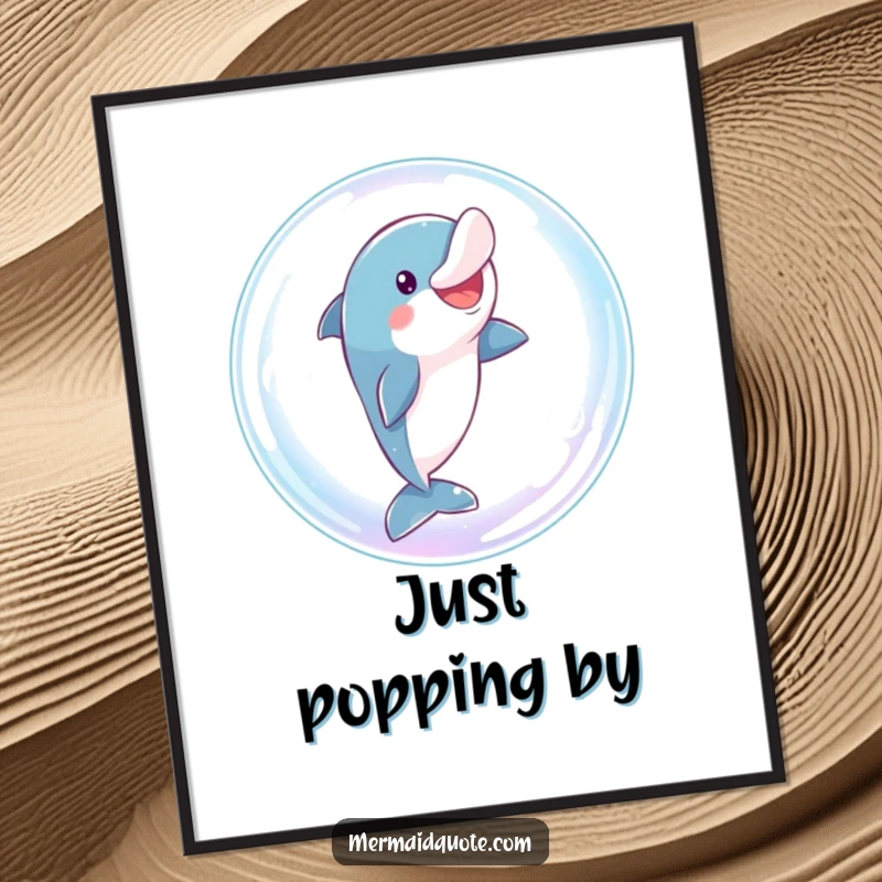 Funny dolphin digital art print showing a playful character comically leaping through a giant, sparkling bubble, ready to print.