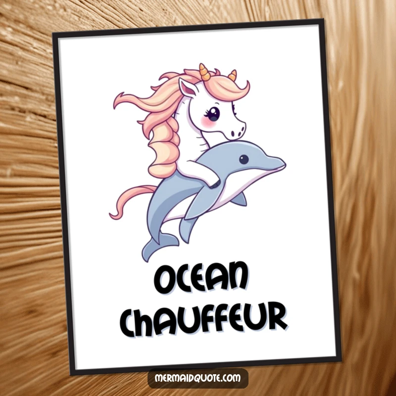 Funny digital art print of a cute seahorse riding a dolphin, capturing a whimsical ocean moment perfect for instant wall decor.