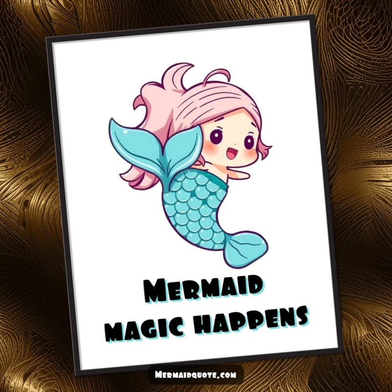 Funny mermaid tail digital art print showing a joyful character with shimmering scales in a swishing motion, ready to print.