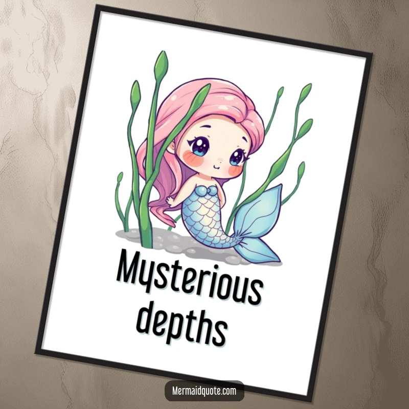 Funny digital art print of a curious mermaid peeking from seaweed, perfect for instant enchanting and whimsical ocean-themed decor.