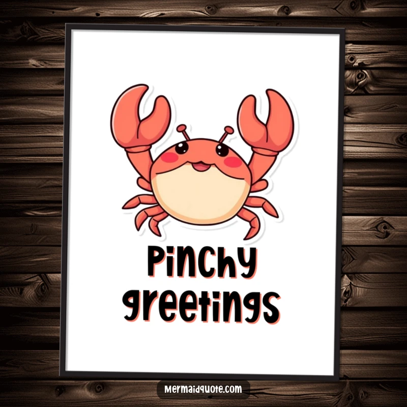 Funny digital art print of a little crab waving enthusiastically with oversized claws, perfect for instant cheerful and beach-themed decor.