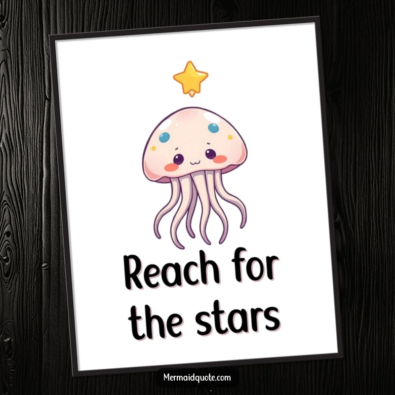 Funny jellyfish digital art print showing a curious character reaching for a floating star, ready to print and frame.