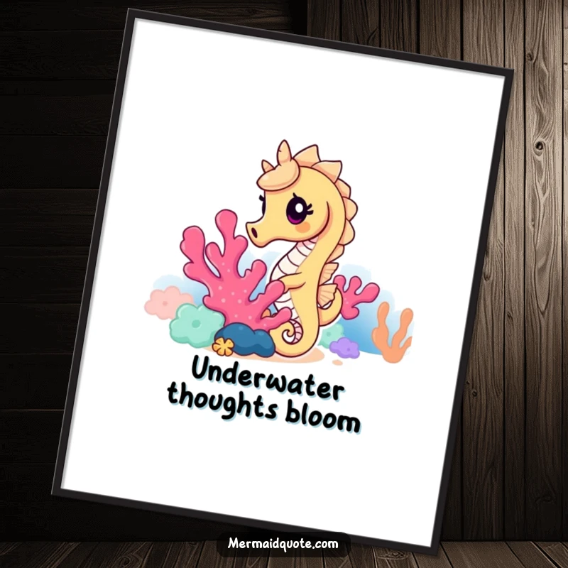 Funny seahorse digital art print of a curious seahorse peeking from coral, a humorous and vibrant downloadable piece for walls.