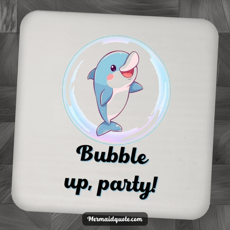 Funny dolphin drink coasters featuring a playful character comically leaping through a sparkling bubble, adding humor to table protection.