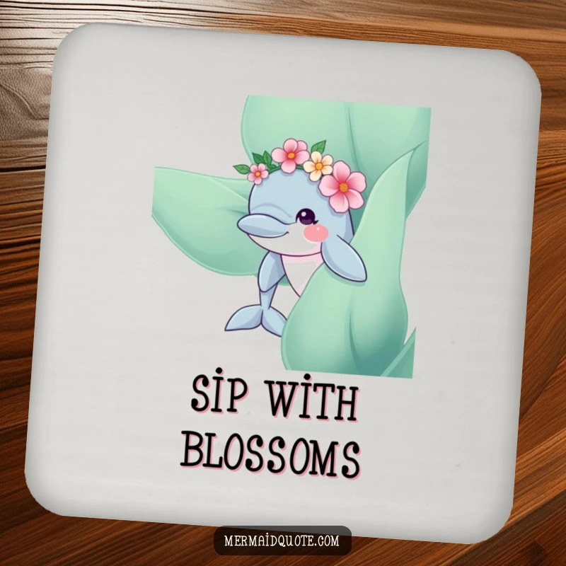 Funny Dolphin Flower Crown Coaster: Cute coaster featuring a curious dolphin with a flower crown peeking from kelp, protecting surfaces.