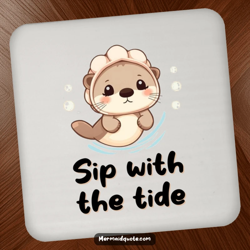 Funny Coasters: A tiny otter in a seashell helmet swims cheerfully, protecting surfaces with bubbly fun.