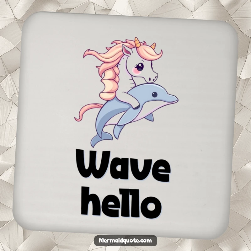 Funny drink coasters featuring a cute seahorse riding a dolphin, protecting tables with a splash of ocean humor and style.