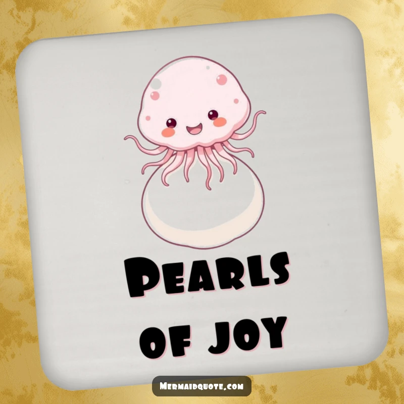 Funny Drink Coasters featuring a fluffy jellyfish joyfully bouncing on a giant pearl, adding whimsical humor.