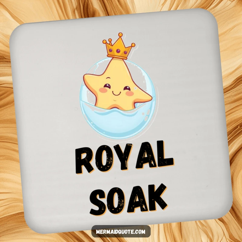 Funny drink coasters featuring a smiling starfish with a crown, floating on a bubble, protecting surfaces with regal charm and humor.