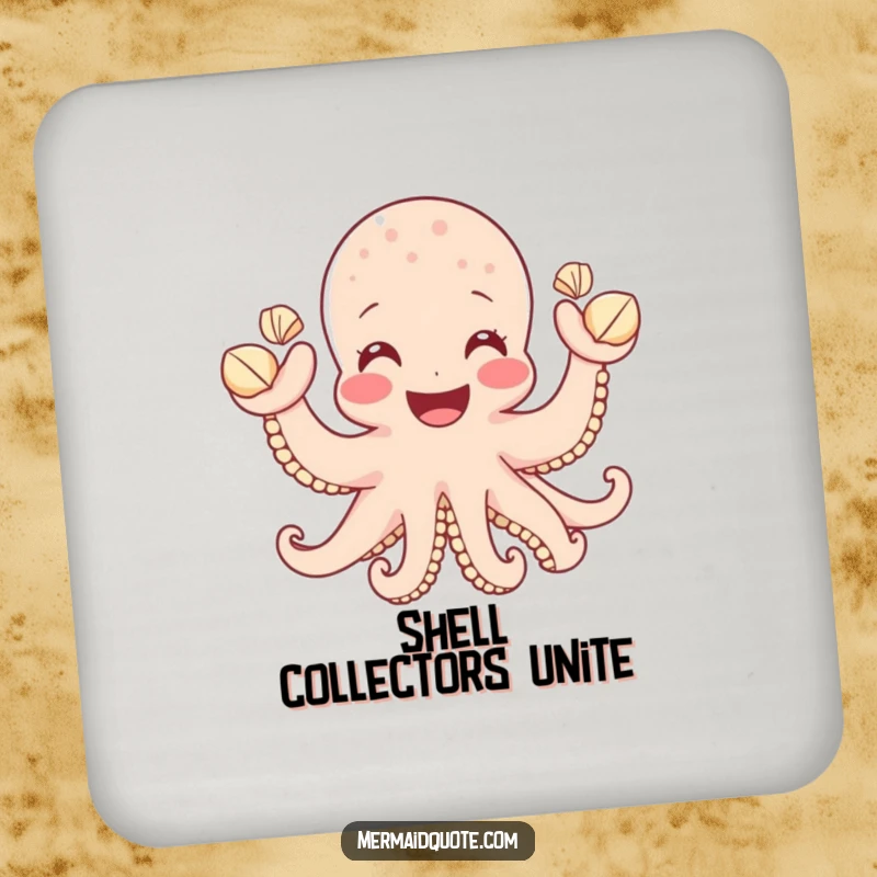 Funny drink coaster with a joyful octopus waving small seashells, protecting surfaces with a charming and humorous design, perfect for parties.