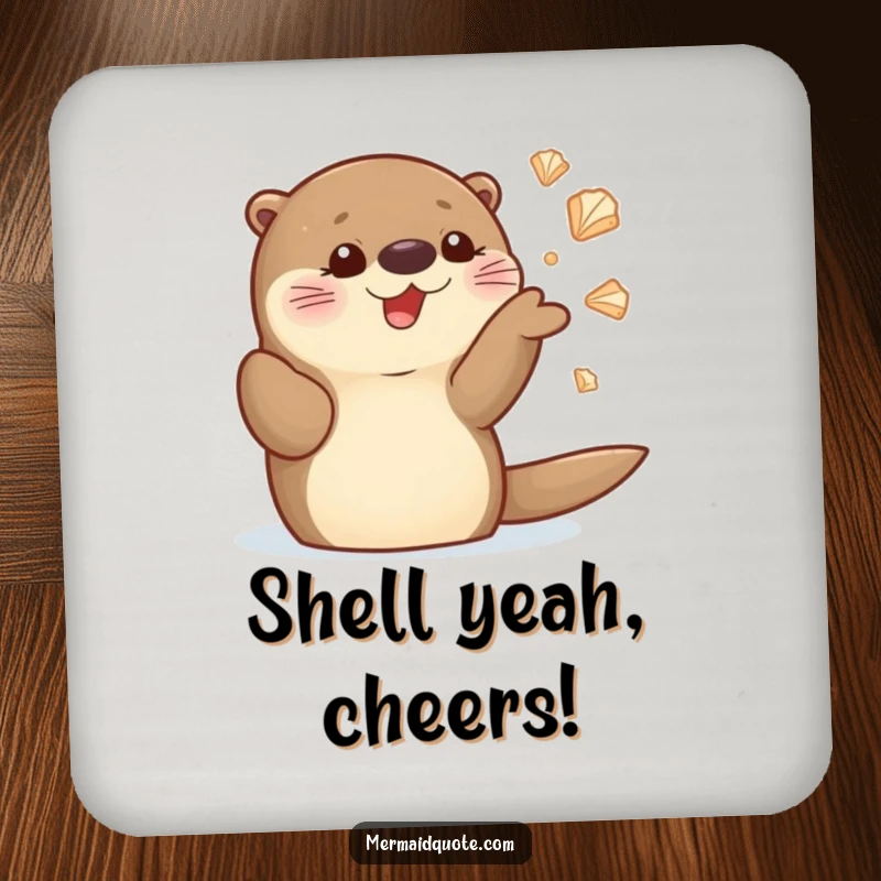 Funny sea otter drink coasters featuring a cute character juggling shiny seashells, protecting surfaces with a touch of humor.