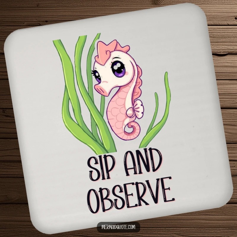 Funny Drink Coaster featuring a curious seahorse peeking from seaweed, bringing oceanic humor to beverage protection.