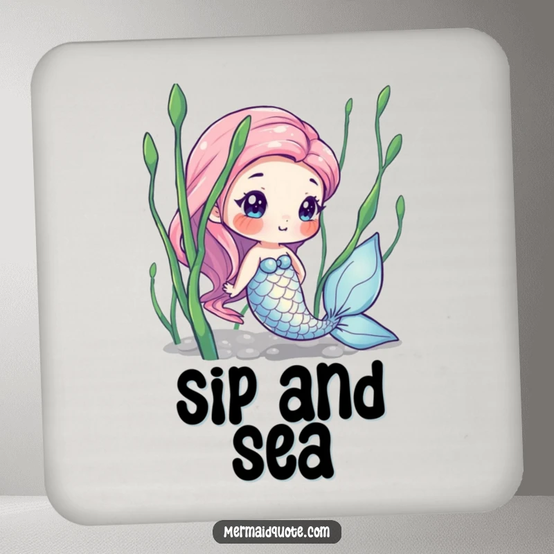 Funny drink coasters featuring a curious mermaid peeking from seaweed, protecting tables with magical ocean humor and charm.