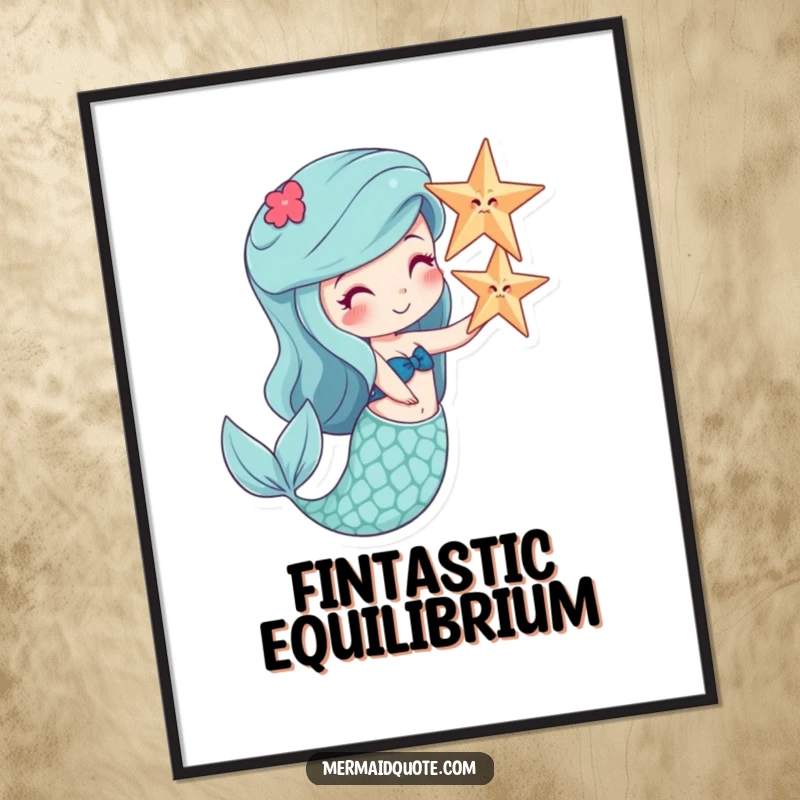 Funny poster of a smiling mermaid balancing a starfish on her nose, adding quirky underwater art.