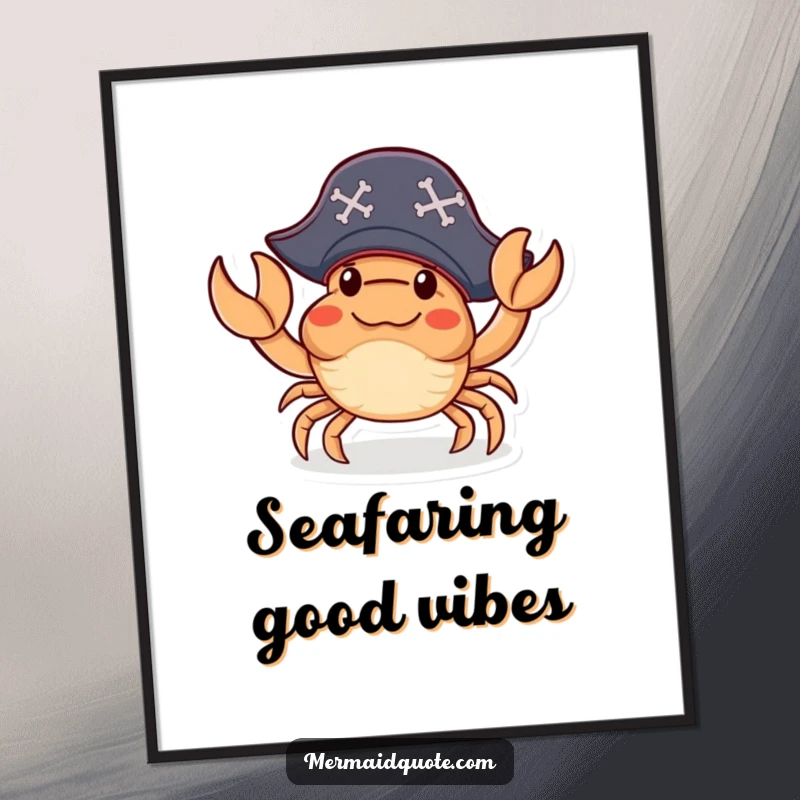 Funny Poster featuring a small crab wearing a pirate hat, waving a claw in a welcoming and humorous manner.